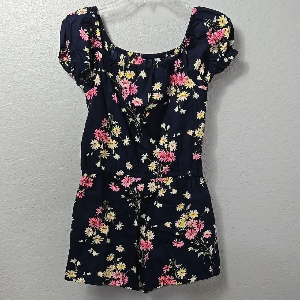 Gap Girls Floral Puff Sleeve Chambray Romper XL 14/16 Navy Bow Pockets Summer
